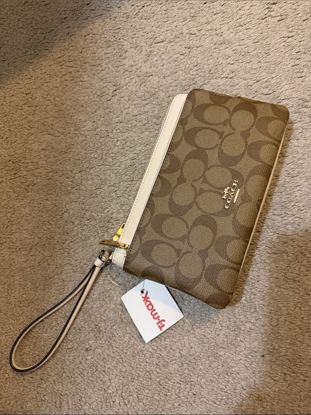 Coach Brown Signature Canvas Wristlet with Cream Trim